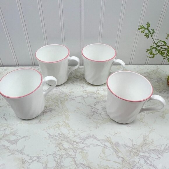 Set of 4 White Ceramic Coffee Mugs with Pink Rim 8oz Capacity Swirl Pattern - Picture 10 of 10